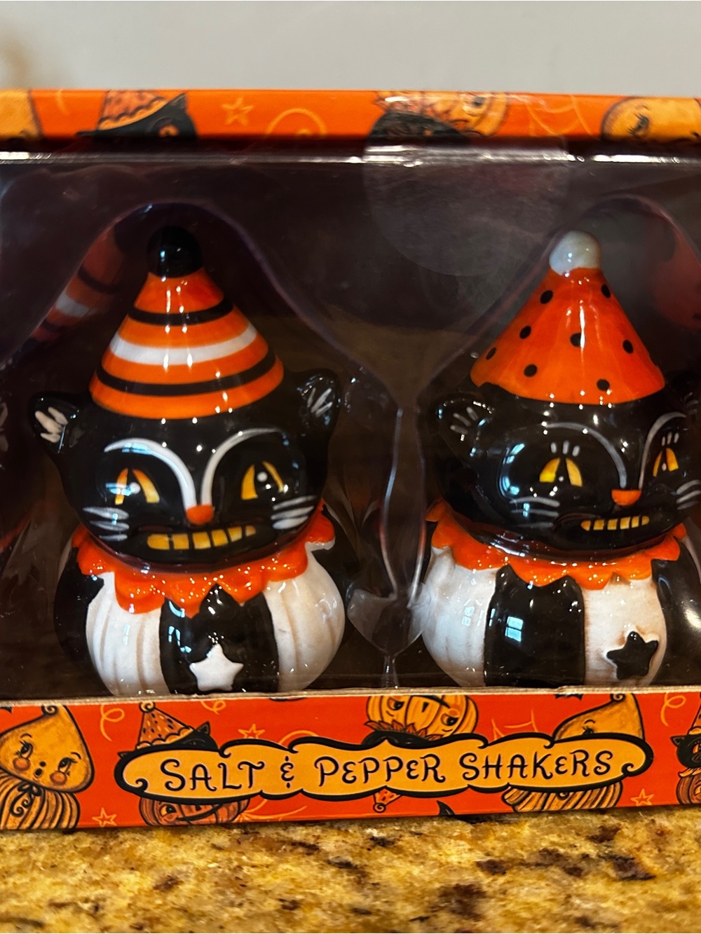 Johanna Parker Halloween Black Cat Salt & Pepper Shakers NIB